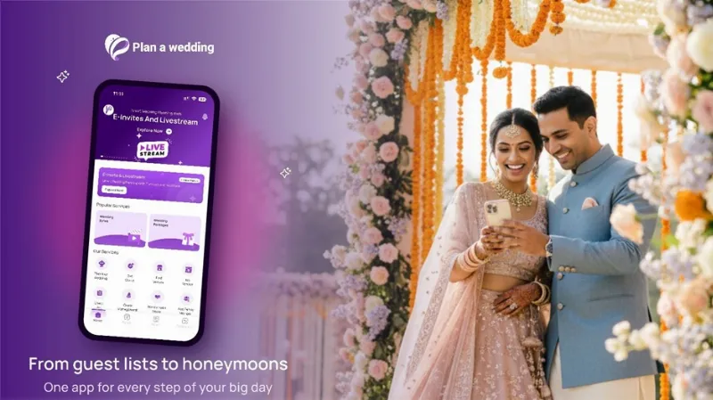 Plan a Wedding app shown alongside a wedding celebration