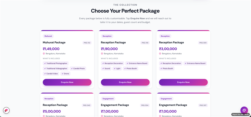 Wedding Packages page preview