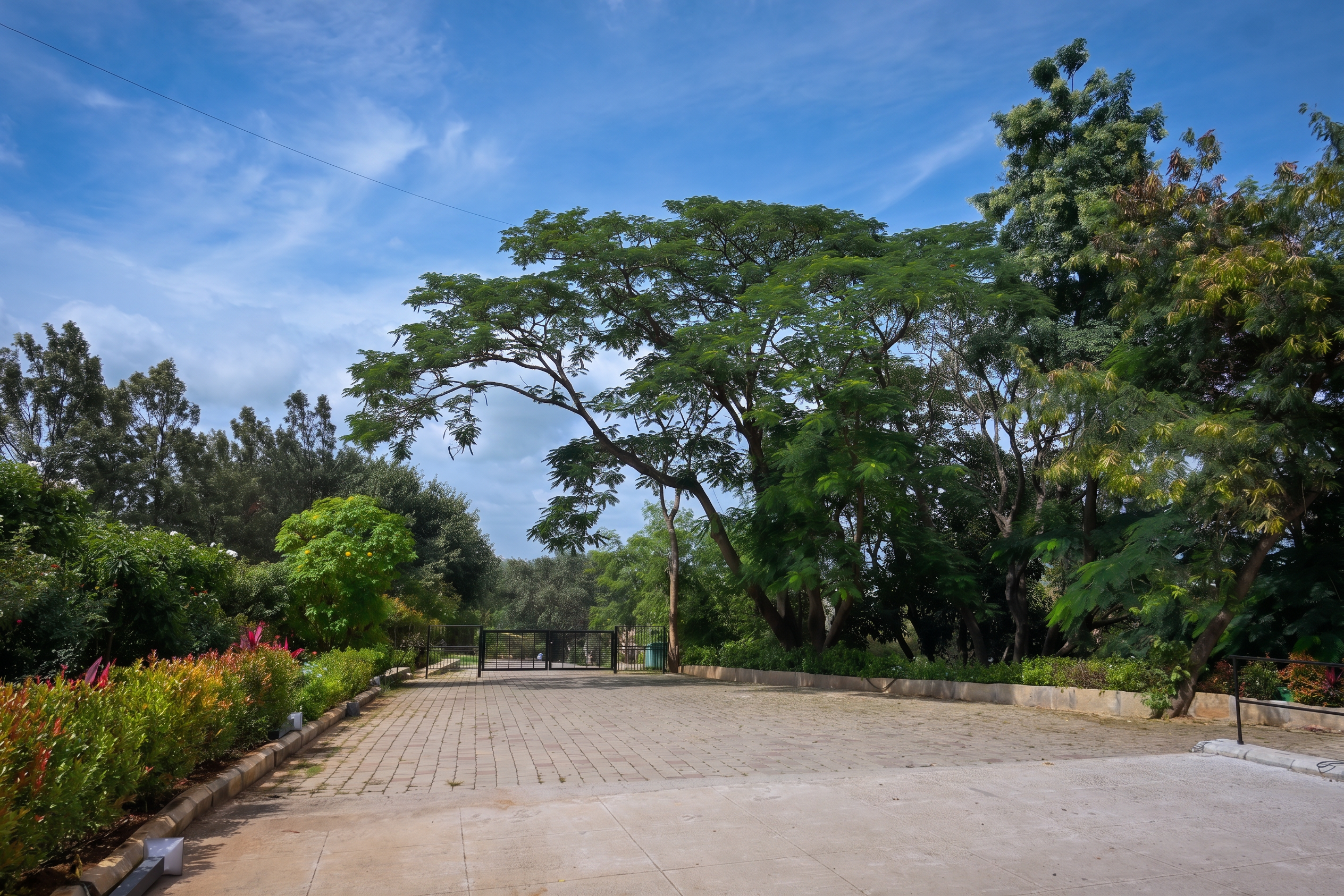 Landscaped walkway to the property entrance gate