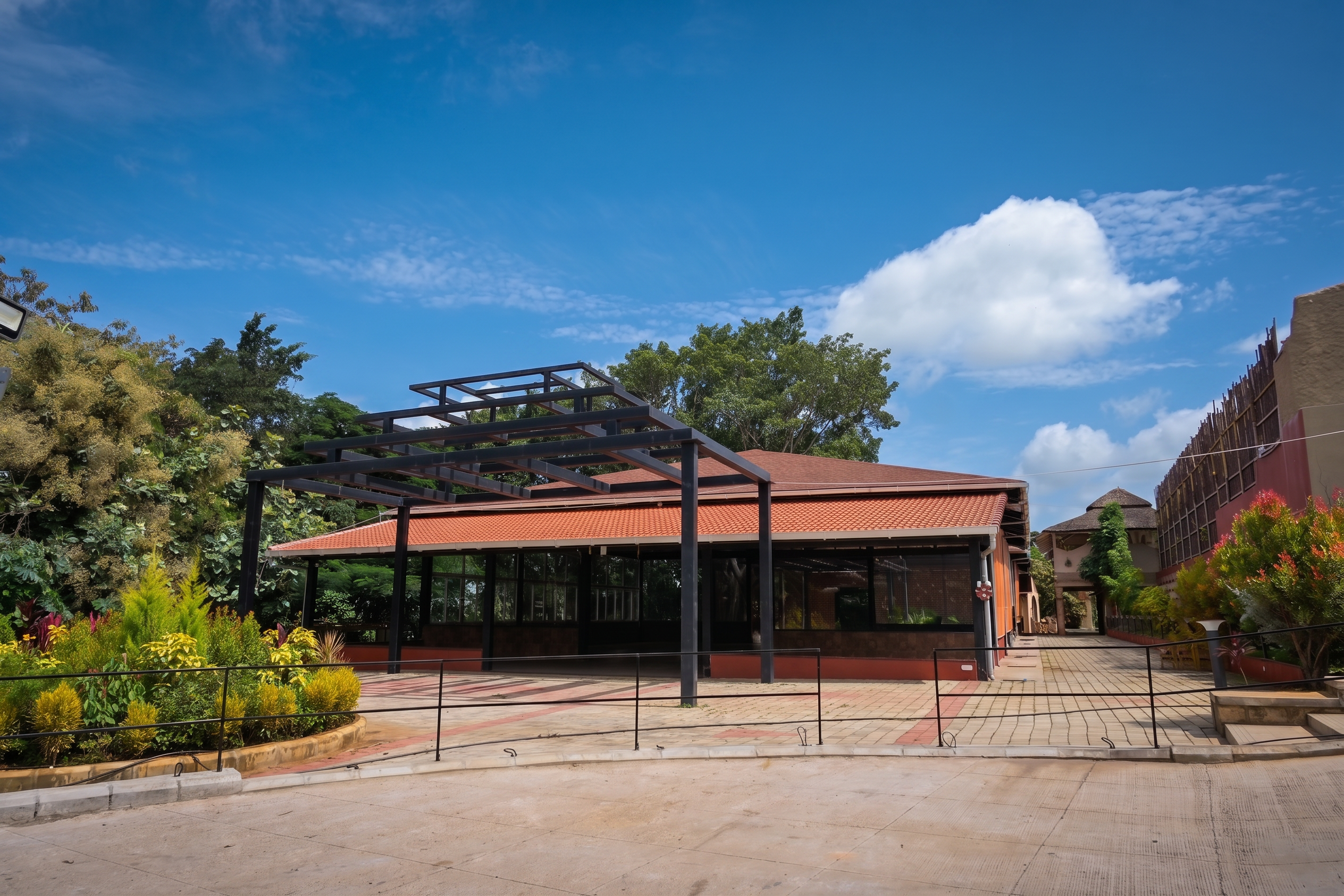 Pavilion exterior with landscaped approach