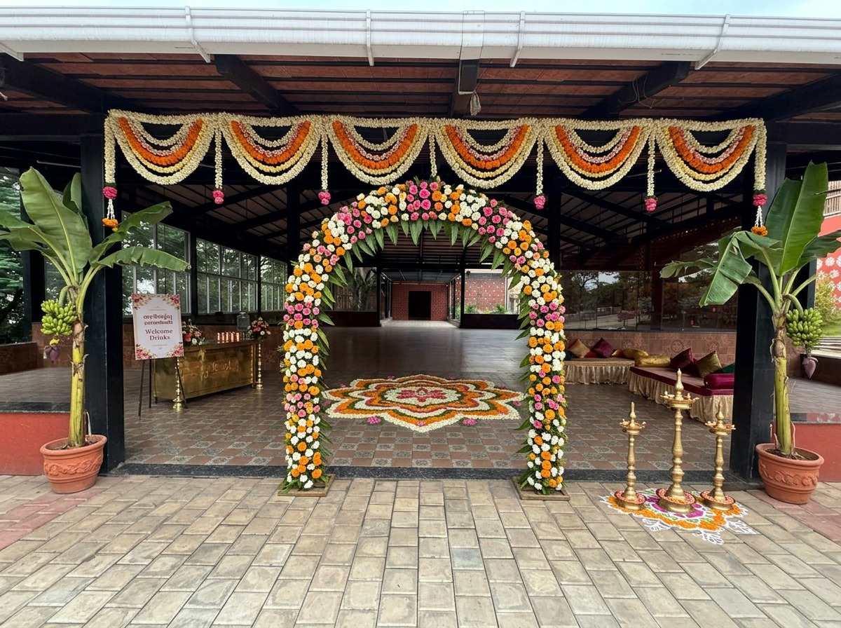 Floral Entrance Arch with Welcome Drinks Board at ARC Pyramid