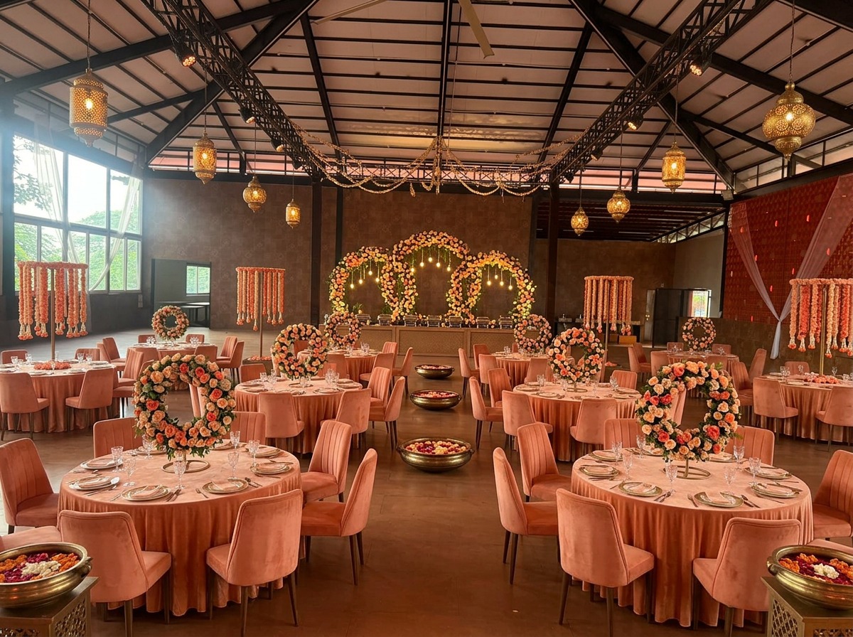 Peach Themed Dining Hall with Floral Wreaths & Lanterns at ARC Pyramid